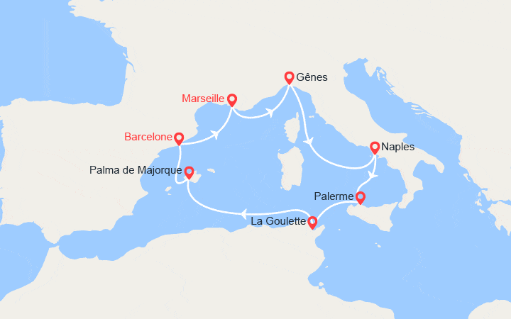 Itinéraire  Italie, Tunisie, Baléares, Espagne 