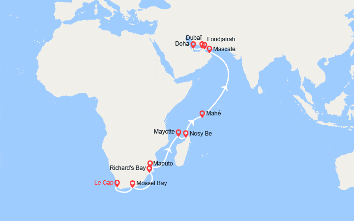 itinéraire croisière Afrique : Afrique, Mozambique, Mayotte, Madagascar, Seychelles, Oman, Emirats, Qatar