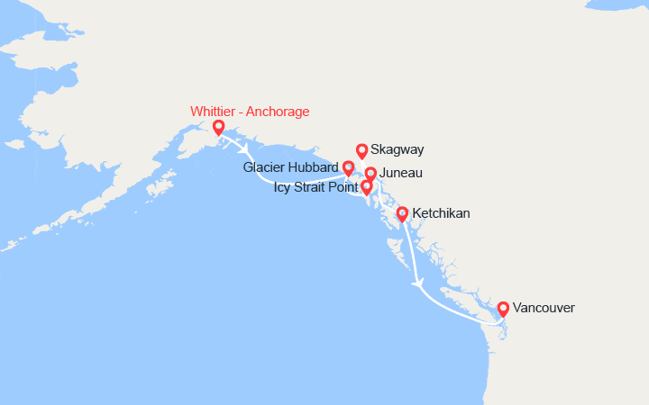 Itinéraire Alaska du nord au sud : Glacier Hubbard, Skagway, Juneau, Kechikan... 