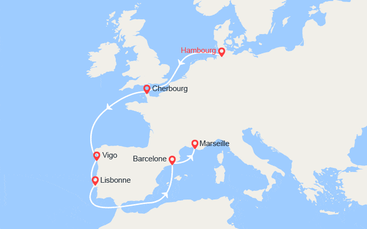 itinéraire croisière Europe du Nord : Allemagne, France, Espagne, Portugal 
