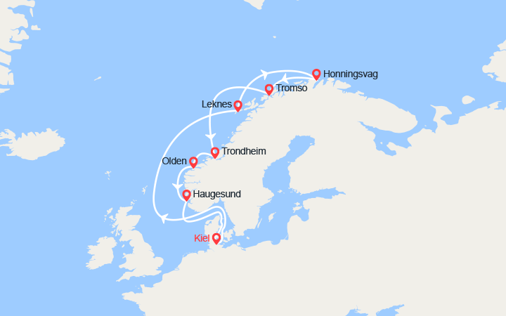 itinéraire croisière Fjords - Fjords : Allemagne, Norvège:  Iles Lofoten, Cap Nord, Tromso... 