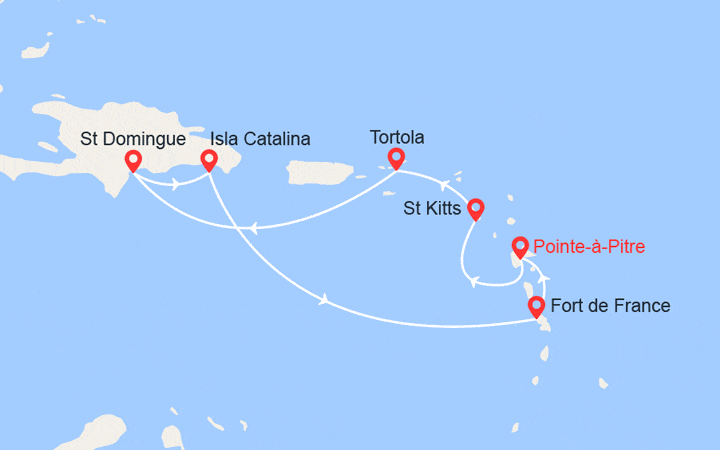 itinéraire croisière Caraïbes et Antilles : Antilles : Martinique, Guadeloupe, St Kitts, Tortola, Rép Dominicaine