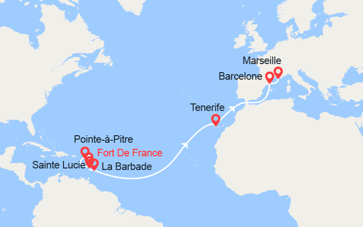 itinéraire croisière Transatlantique : Antilles, Canaries, Espagne, France 