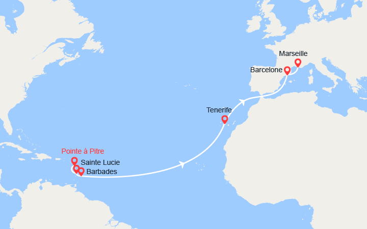 itinéraire croisière Transatlantique : Antilles, Canaries, Espagne, France 