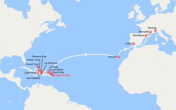 Itinéraire Antilles, Iles Vierges, Rép.Dominicaine, Turks et Caïcos, Canaries, Espagne, France, Italie 