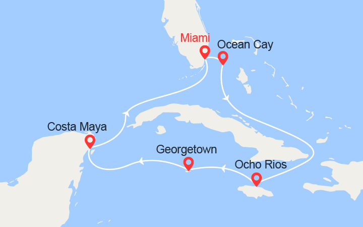 itinéraire croisière Caraïbes et Antilles : Bahamas, Jamaïque, Iles Caïman, Costa Maya 