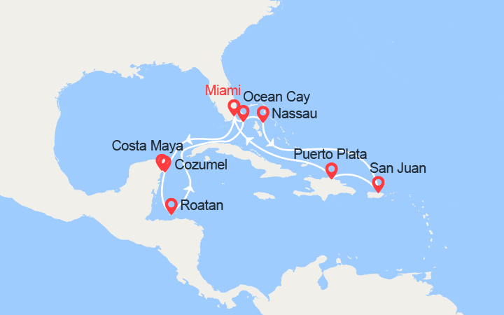 itinéraire croisière Caraïbes et Antilles : Bahamas, Porto Rico, Rép. Dominicaine, Mexique, Honduras 
