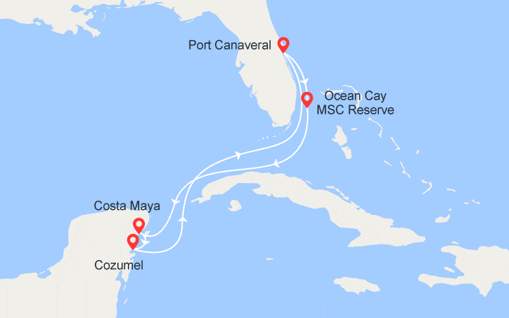 itinéraire croisière Caraïbes et Antilles : Bahamas MSC Ocean Cay, Costa Maya, Cozumel 