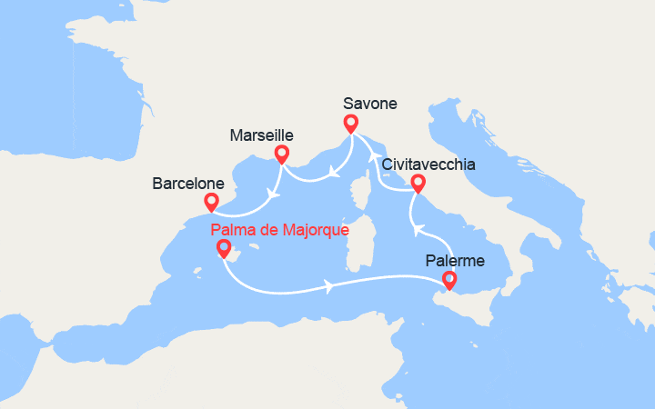 itinéraire croisière Méditerranée Occidentale : Baléares, Italie, France, Espagne : de Majorque à Barcelone