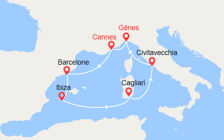 Itinéraire Barcelone, Ibiza, Sardaigne, Italie 