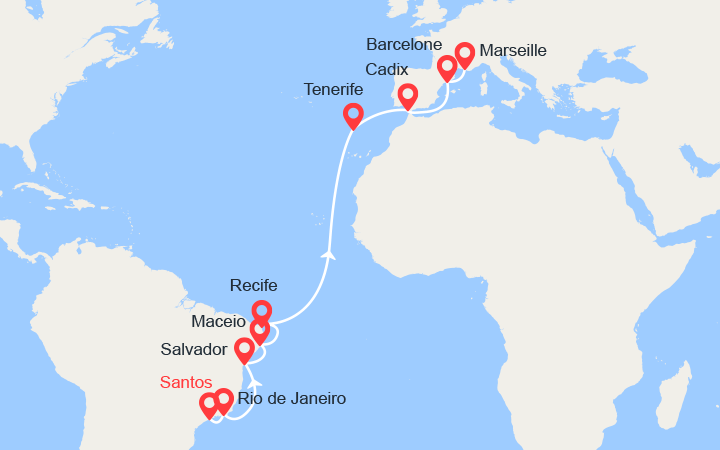 itinéraire croisière Transatlantique : Brésil, Canaries, Espagne, France 