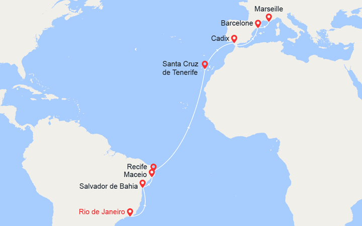 itinéraire croisière Transatlantique : Brésil, Canaries, Espagne, France 