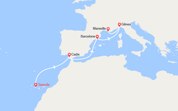 itinéraire croisière Méditerranée Occidentale - Canaries Madère : Canaries, Espagne, Italie, France