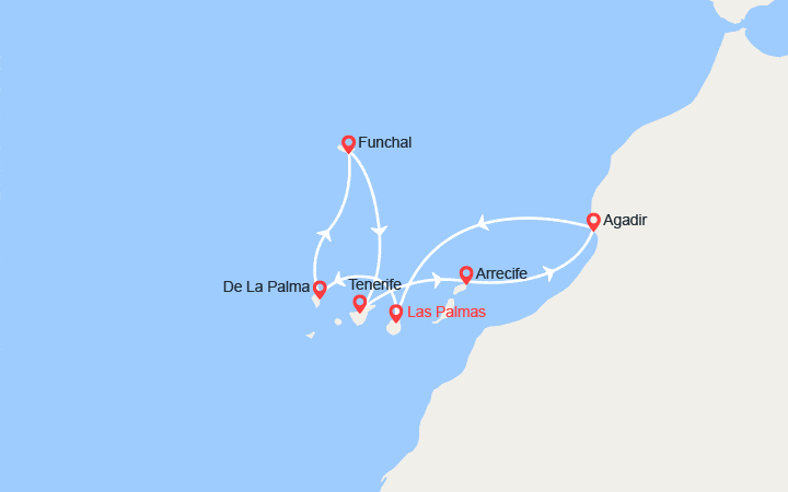 itinéraire croisière Méditerranée Orientale : Canaries, Espagne, Madère, Maroc