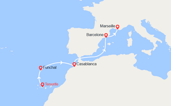 itinéraire croisière Méditerranée Occidentale : Canaries, Madère, Maroc, Espagne, France 