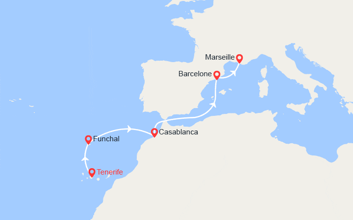 itinéraire croisière Méditerranée Occidentale : Canaries, Madère, Maroc, Espagne, France 