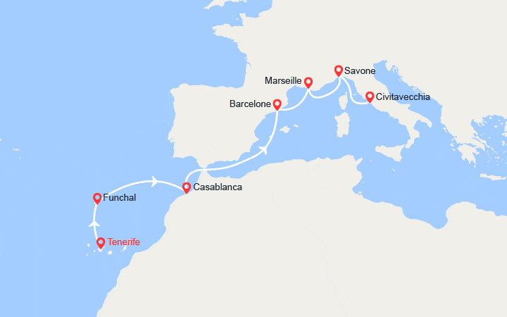 itinéraire croisière Méditerranée Orientale : Canaries, Madère, Maroc, Espagne, France, Italie 