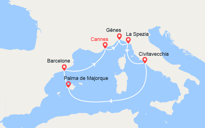 itinéraire croisière Méditerranée : Cannes, Gênes, La Spezia, Civitavecchia, Palma de Mallorca 