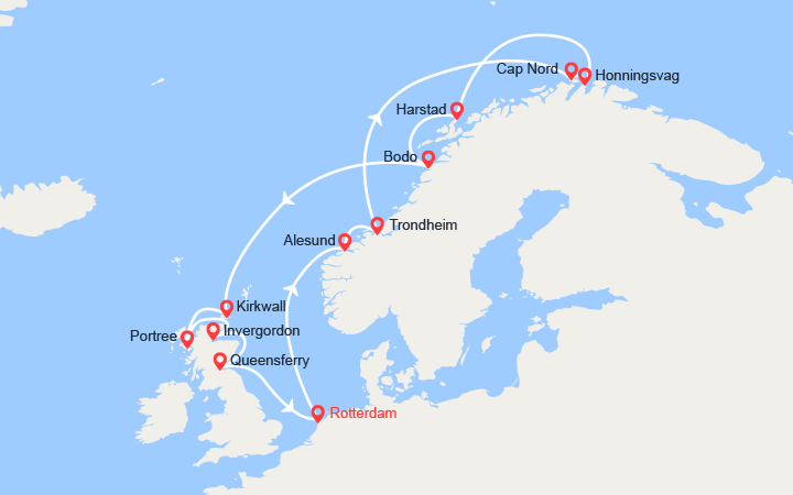 Itinéraire Cap Nord & Soleil de Minuit: Trondheim, Bodo, Kirkwall, Isle of Skye... 