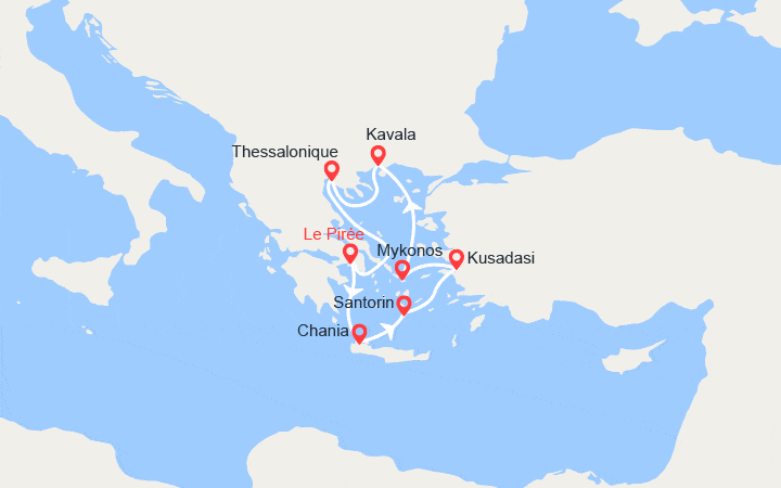 Itinéraire Chania, Santorin, Ephèse, Mykonos, Thessalonique, Kavala 