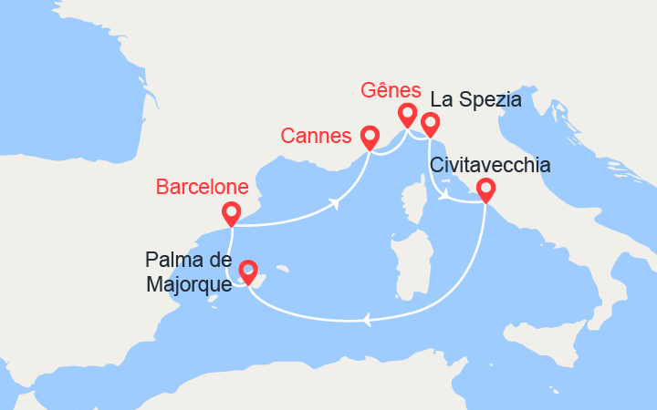 Itinéraire Côte d'Azur, Italie, Majorque, Barcelone 