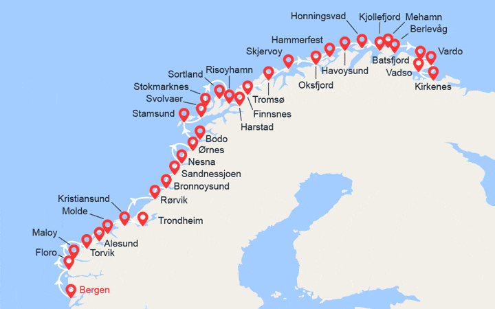 Itinéraire Côte Norvégienne: de Bergen à Kirkenes 