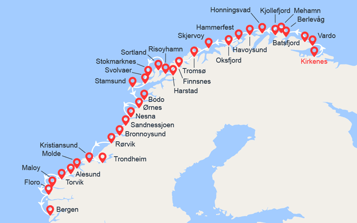 itinéraire croisière Fjords : Côte Norvégienne: de Kirkenes à Bergen 