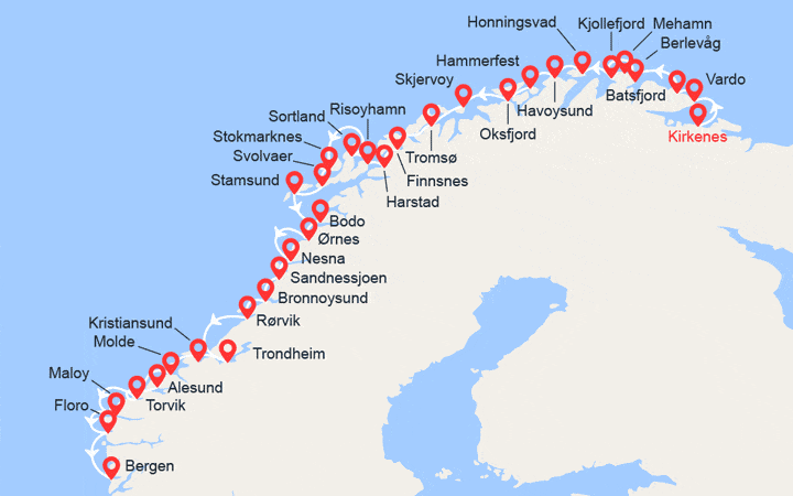 itinéraire croisière Fjords - Fjords : Côte Norvégienne: de Kirkenes à Bergen 