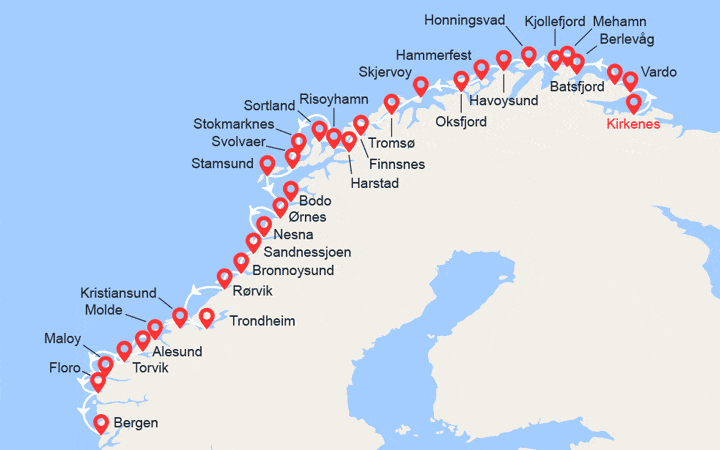 itinéraire croisière Fjords : Côte Norvégienne du Nord au Sud: de Kirkenes à Bergen 