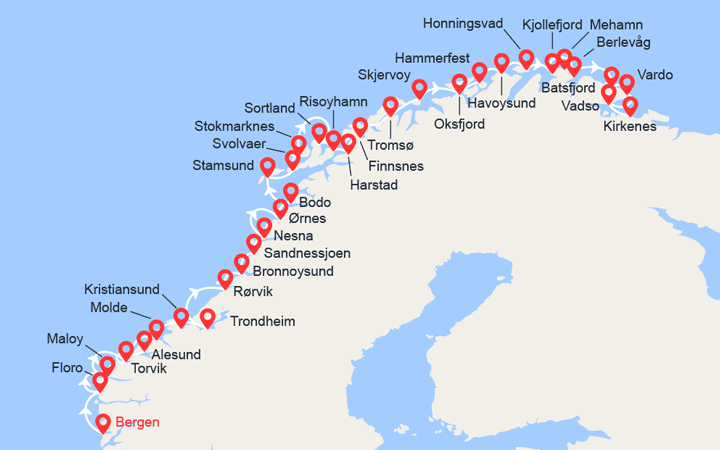 itinéraire croisière Fjords : Côte Norvégienne du Sud au Nord: de Bergen à Kirkenes 