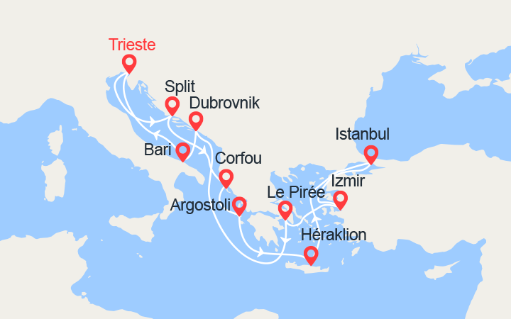 itinéraire croisière Méditerranée Orientale - Iles grecques : Croatie, Iles grecques, Turquie, Grèce, Italie 