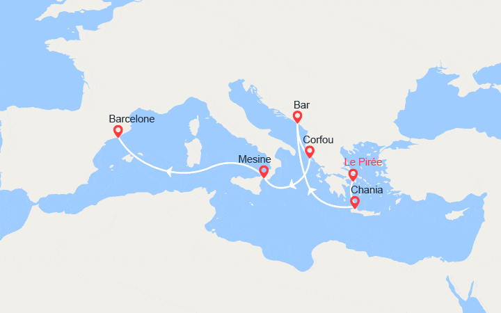 itinéraire croisière Méditerranée Orientale : D'Athènes à Barcelone: Crète, Monténégro, Corfou, Sicile