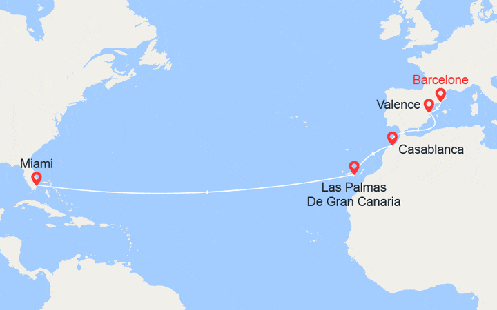 Itinéraire De Barcelone vers Miami : Maroc, Iles Canaries,  États-Unis 