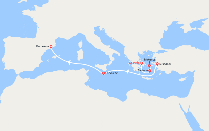 Itinéraire De la Grèce vers l'Espagne par les Cyclades, laTurquie et Malte 