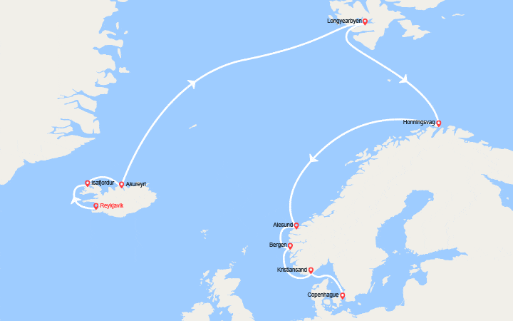 itinéraire croisière Islande : De Reykjavik à Cophengague : Islande, Spitzberg, Cap Nord, Fjord de Norvège