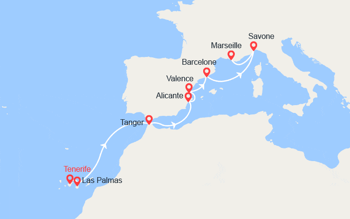 Itinéraire De Tenerife à Marseille : Îles Canaries, Maroc, Espagne, Italie 