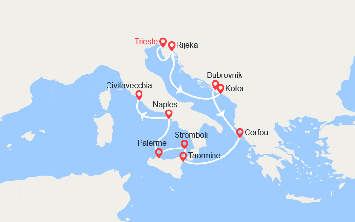 itinéraire croisière Méditerranée Orientale : De Trieste à Civitavecchia: Croatie, Corfou, Sicile, Italie 