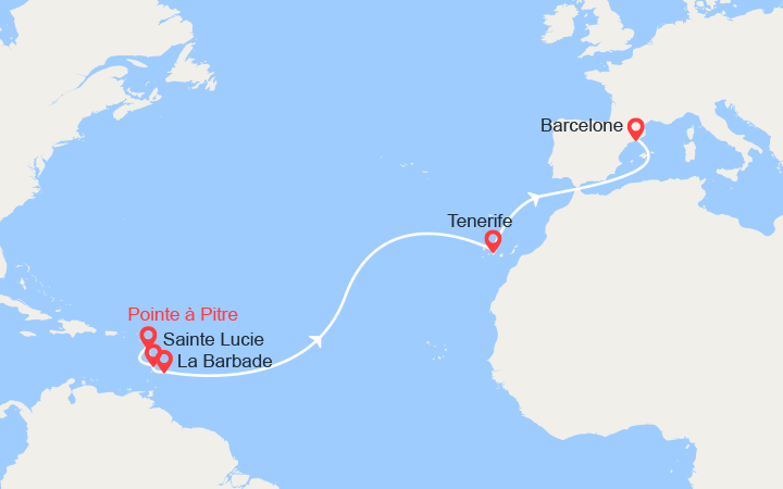 itinéraire croisière Transatlantique : Des Antilles à la Méditerranée: de Pointe-à-Pitre à Barcelone 