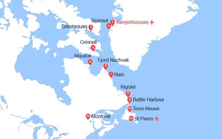 Itinéraire Des côtes sauvages du Groenland à la côte est du Canada 