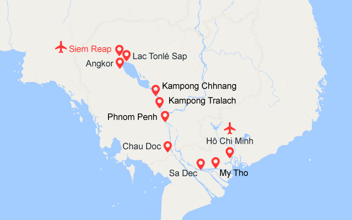 itinéraire croisière Mékong - Mékong : Des temples d'Angkor au delta du Mékong (1R3)