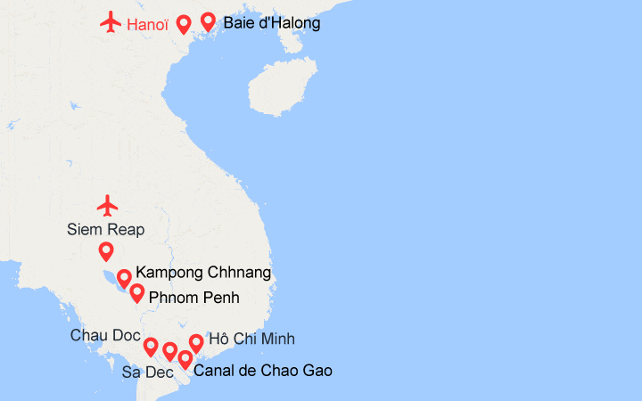 itinéraire croisière Mékong - Mékong : Du delta du Mékong aux temples d'Angkor, Hanoï et Baie d'Along (1H6) 