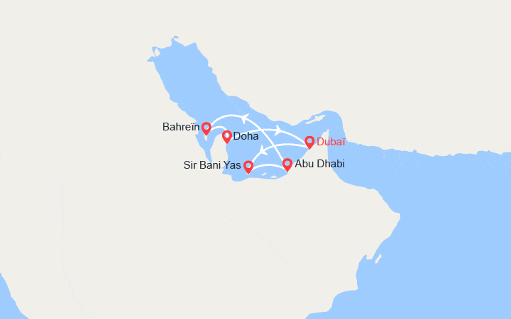 Itinéraire Dubaï, Sir Bani Yas, Bahreïn, Doha 