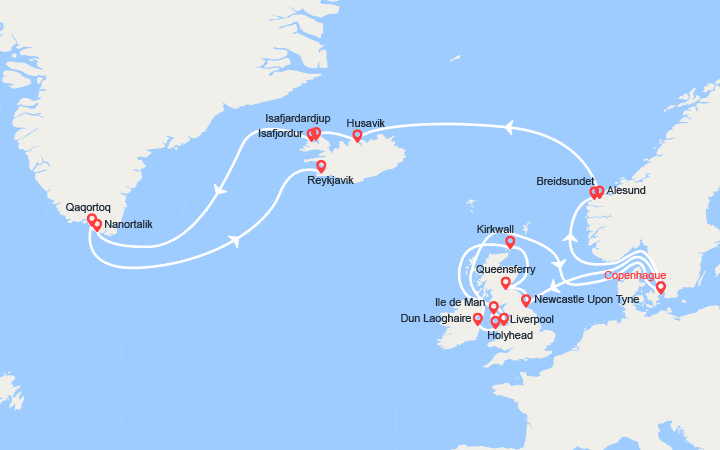 itinéraire croisière Islande : Ecosse, Irlande, Liverpool, Norvège, Islande, Groenland 