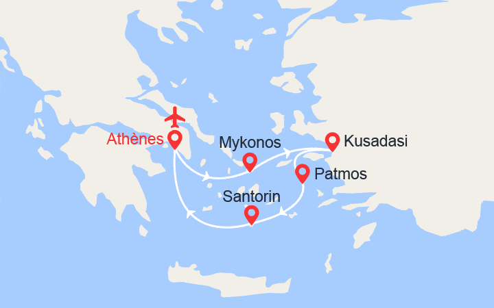 itinéraire croisière Méditerranée Orientale : Emblématique mer Egée en 4 jours - Vols AR et 2 nuits d'hôtel 