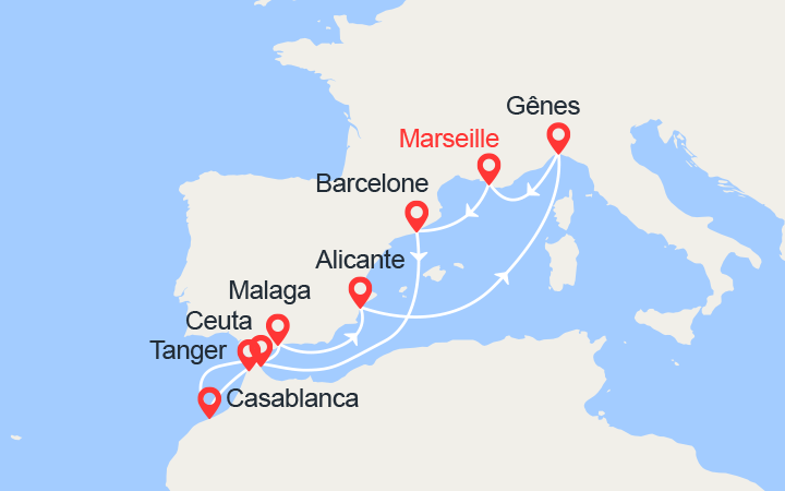 itinéraire croisière Méditerranée Occidentale : Espagne, Casablanca, Italie 