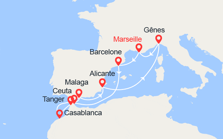 Itinéraire Espagne, Casablanca, Italie 