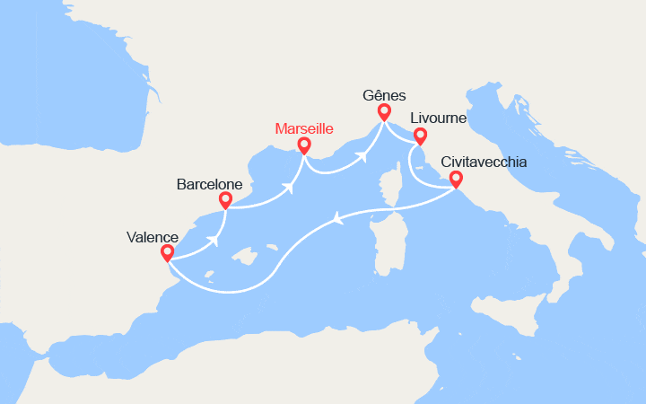 itinéraire croisière Méditerranée Occidentale : Espagne, France, Italie