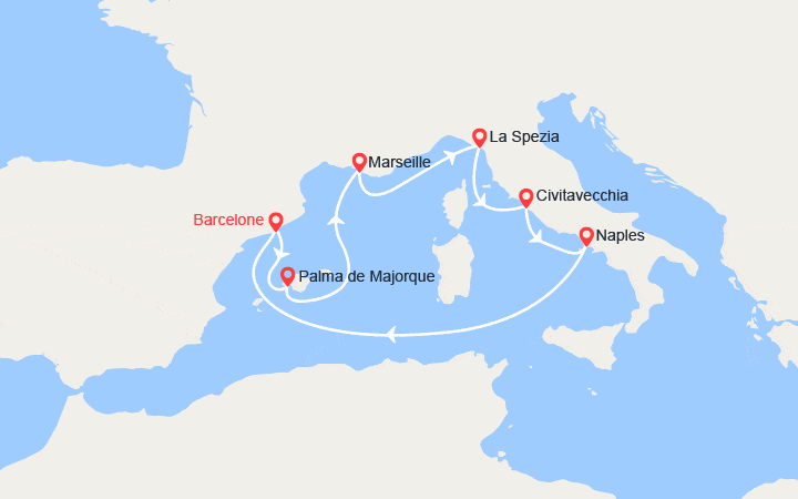 itinéraire croisière Méditerranée Occidentale : Espagne, France, Italie