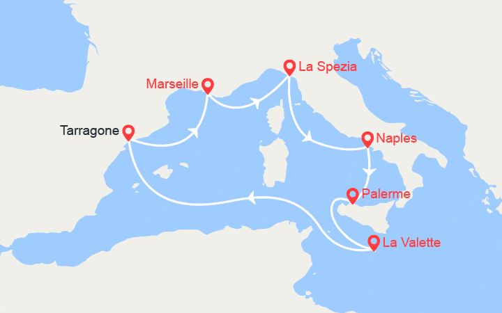 itinéraire croisière Méditerranée Occidentale : Espagne, France, Italie, Malte