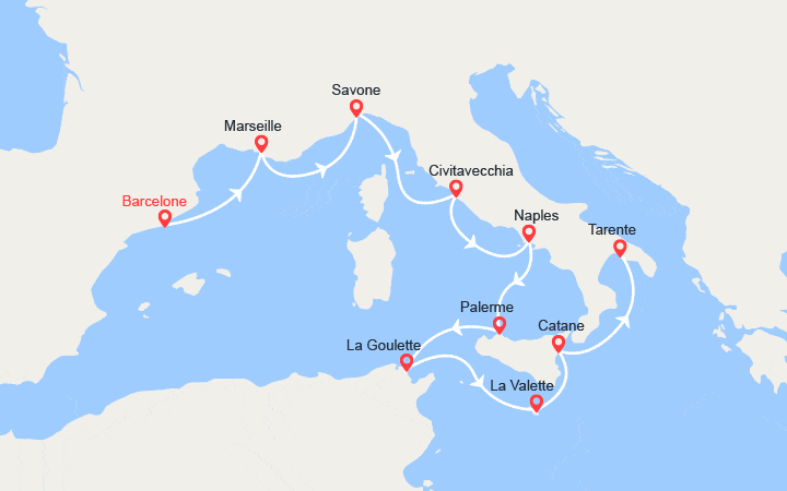 Itinéraire Espagne, France, Italie, Malte 